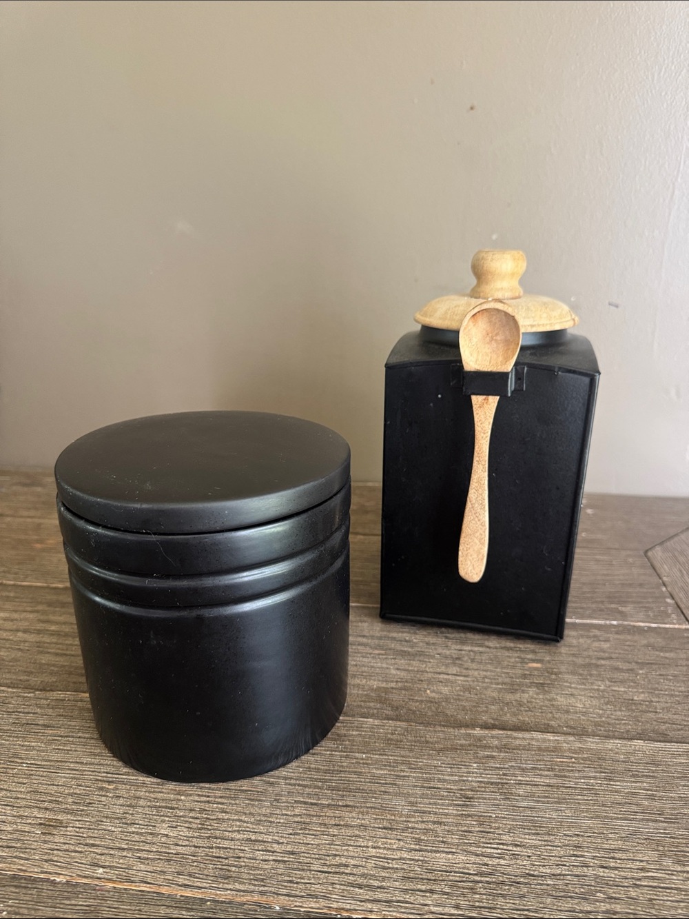 Black Kitchen Canister Set of 2 Wood Accents Spoon Farmhouse Storage Jars